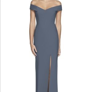 Long Off the Shoulder Blue Grey Bridesmaid dress